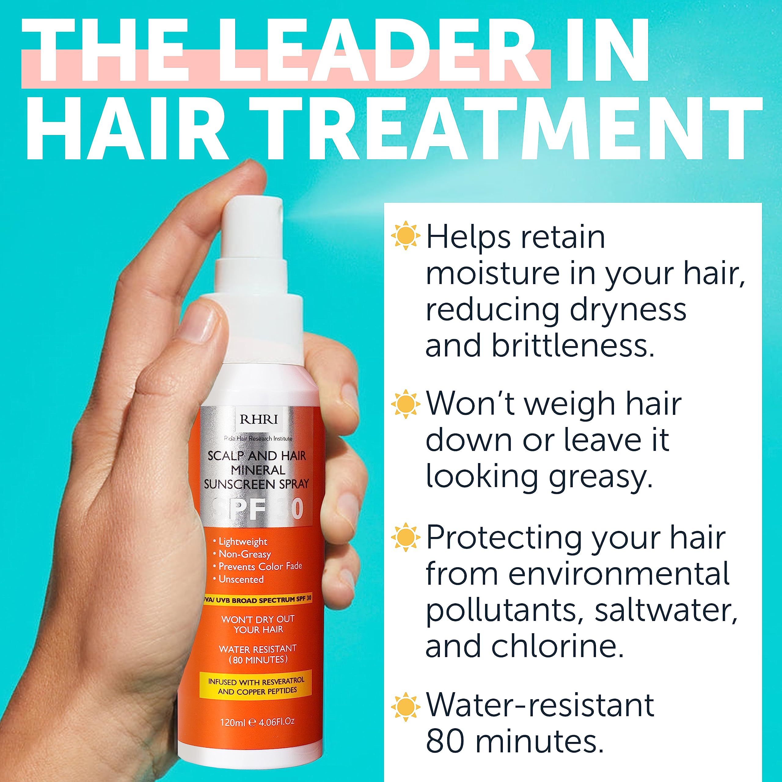 Rida SPF 30 sunscreen spray applied to scalp for sun defense