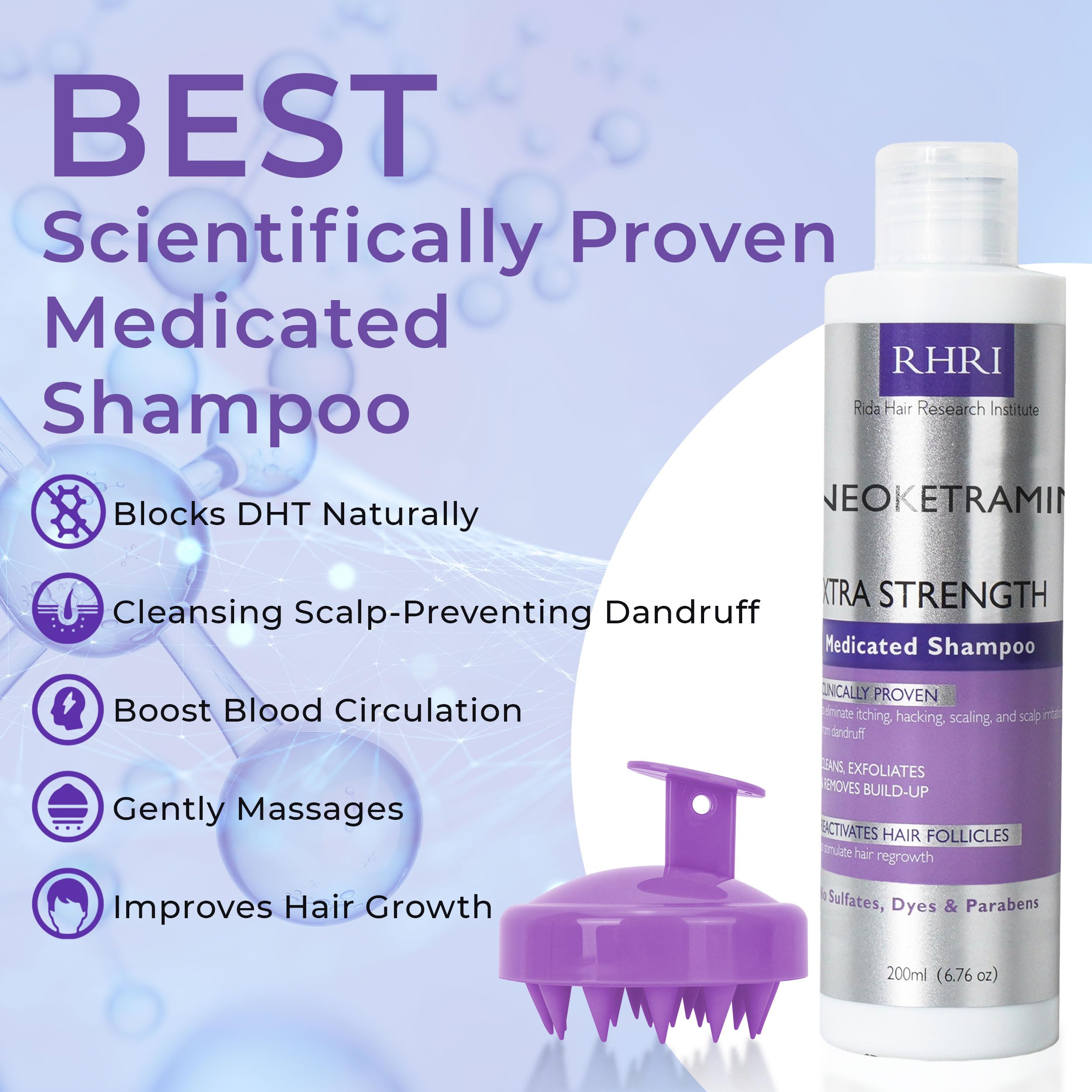 Rida Hair Research Institute antifungal shampoo with scrubber brush promotes thorough scalp cleansing