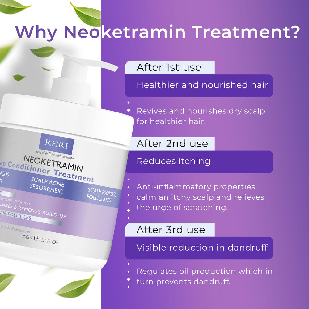 Neoketramin bottle on bathroom sink after use for healthy scalp care