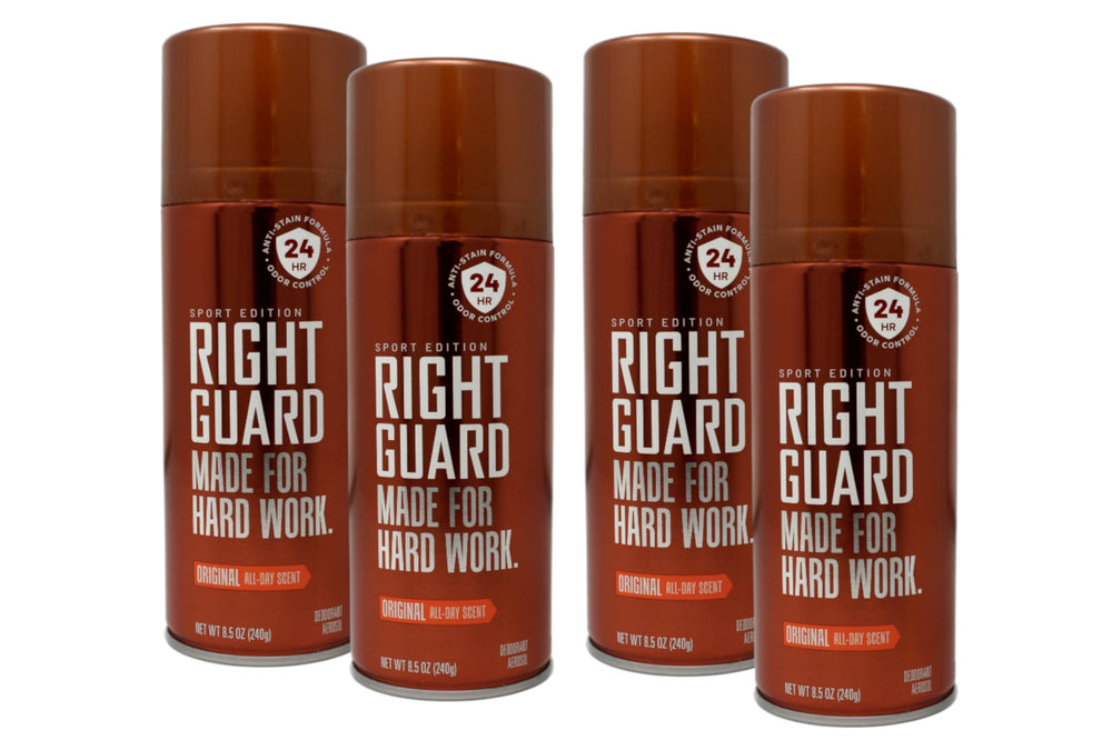 Right Guard Original deodorant spray bottle ready for all-day protection.
