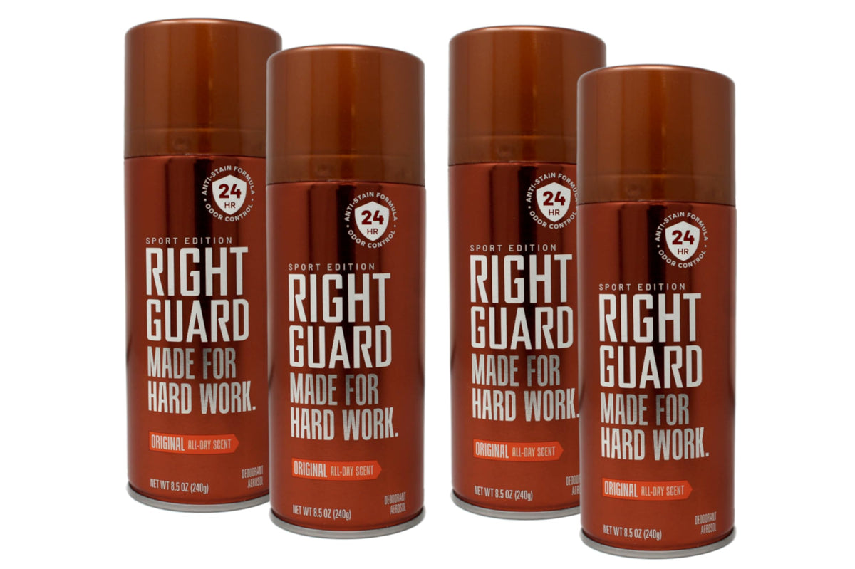 Right Guard Original deodorant spray bottle ready for all-day protection.