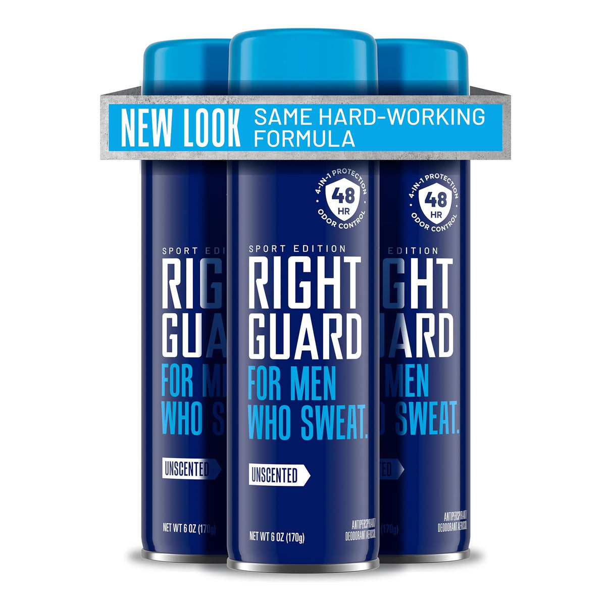 Right Guard Sport Unscented spray bottle front view showing 6 oz size for daily protection