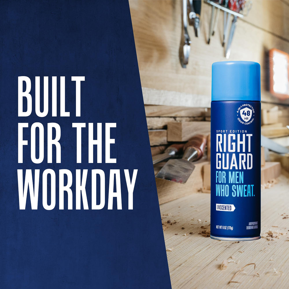 Right Guard Sport Unscented spray drying on skin suggests comfortable wear