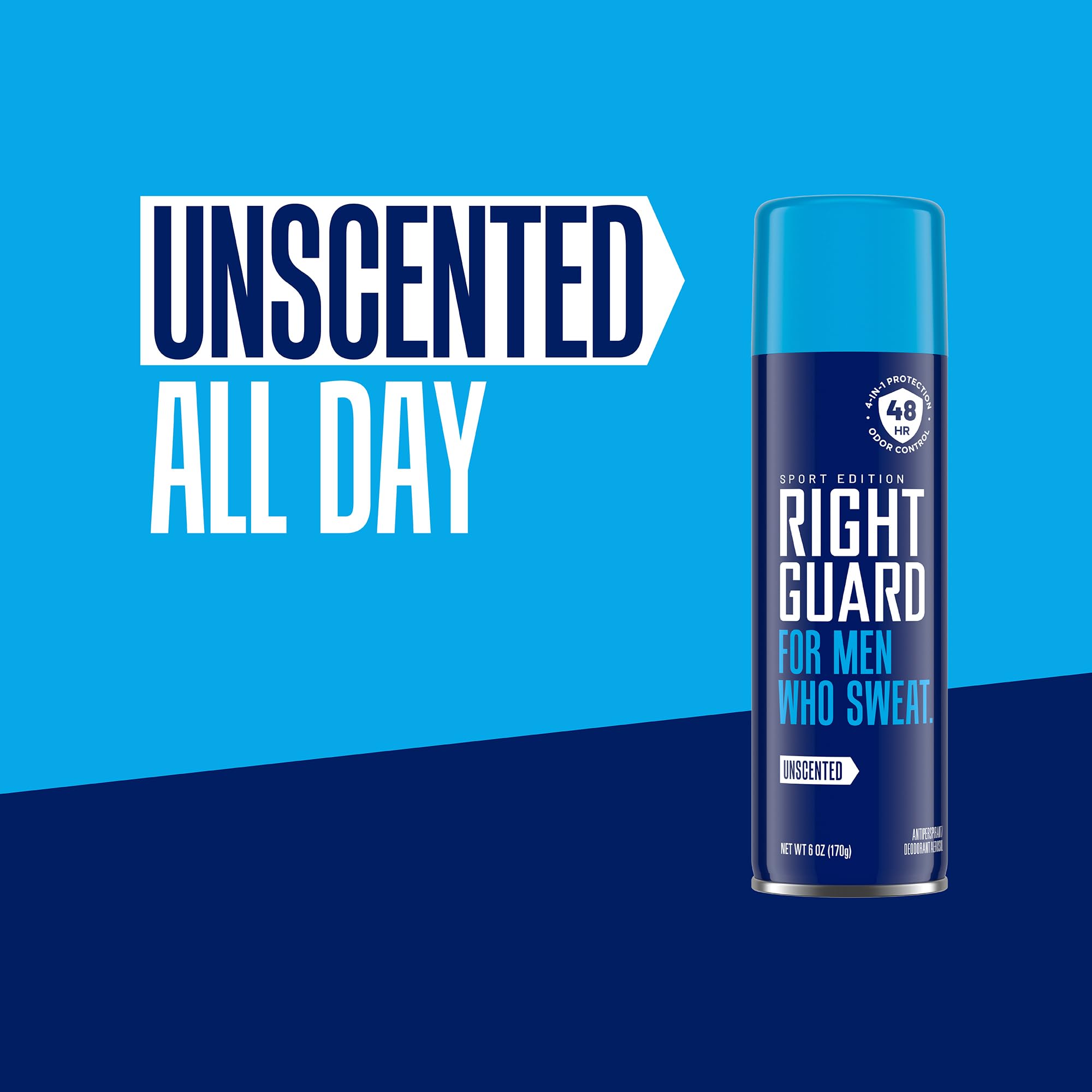 Right Guard Sport Unscented spray in hand shows easy, fast application