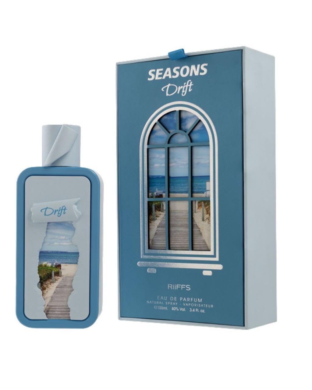 Riiffs Seasons Drift EDP bottle on a vanity, delivering versatile daily elegance.