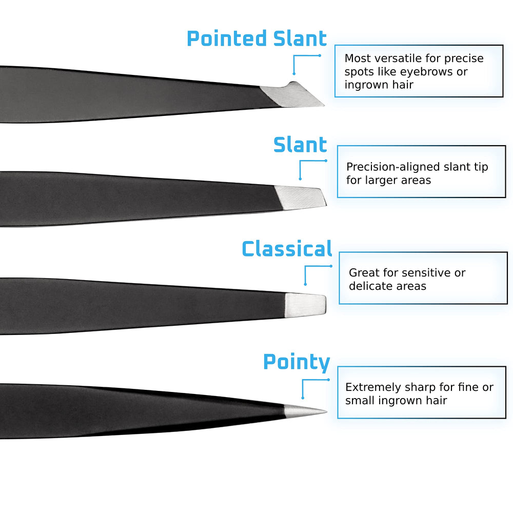 Rikans Precision Tweezers Set with slant tips for delicate facial hair removal.