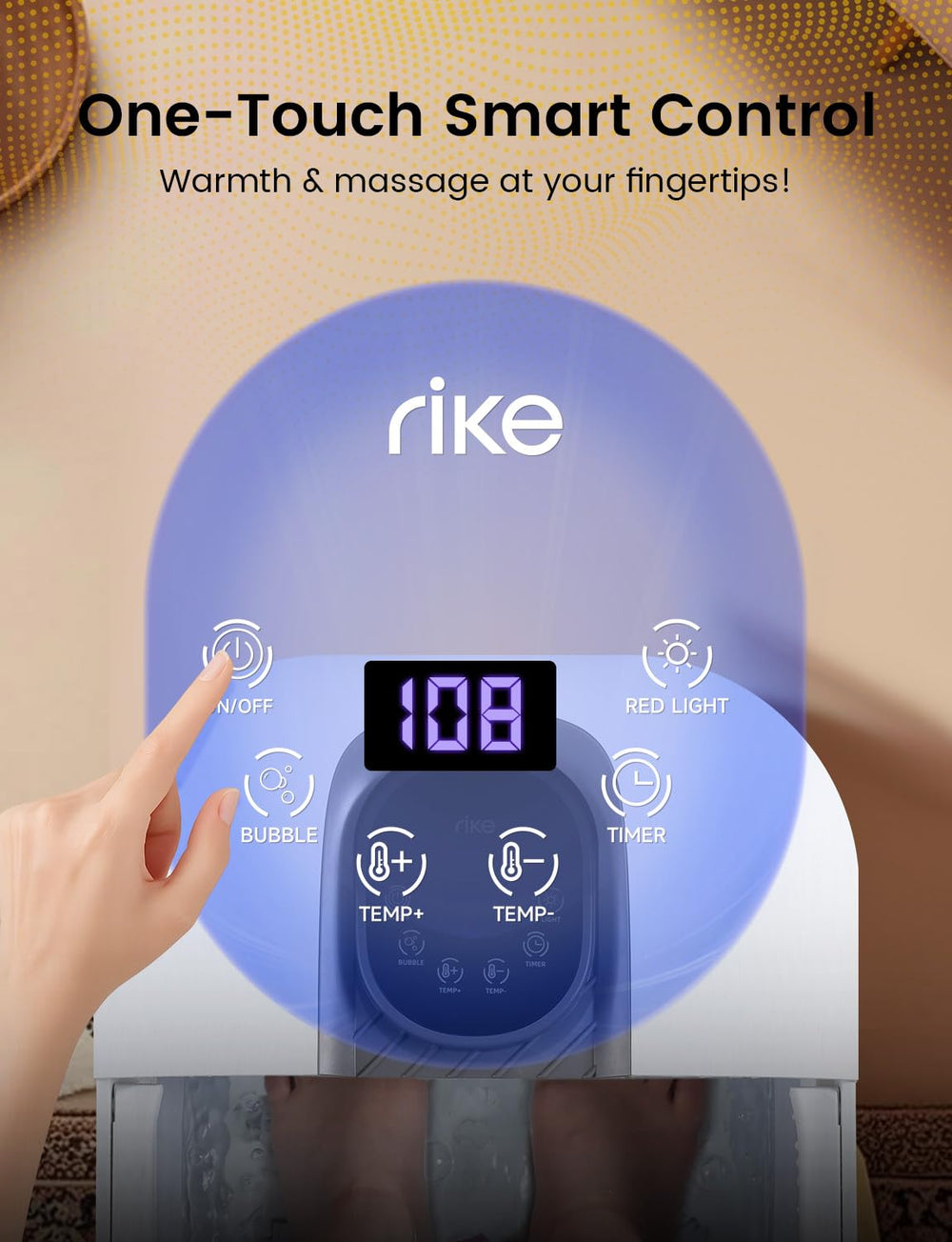 RIKE foot spa showing 24-level temperature control for customizable warmth