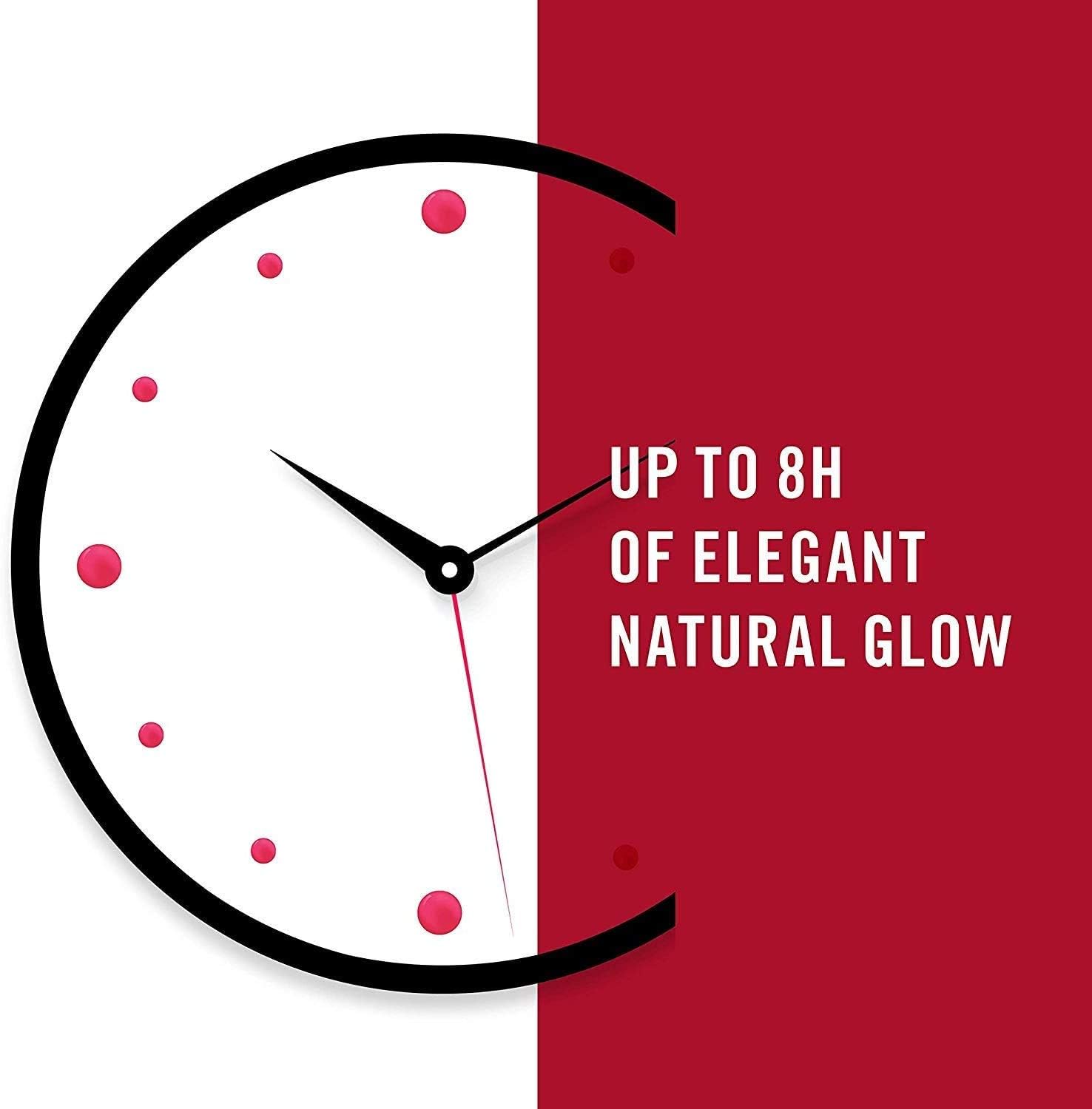 Rimmel 8-hour color hold suggests long-lasting lip color throughout the day.