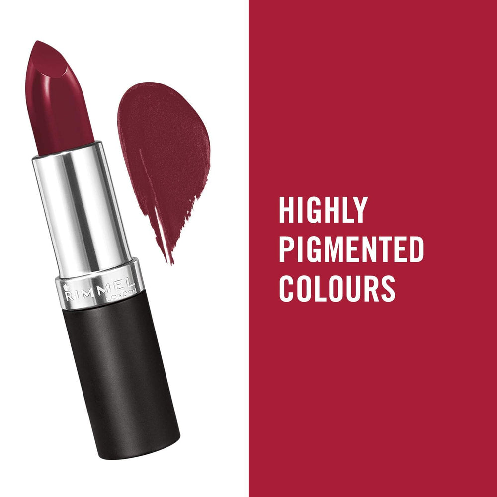 Rimmel Berry Misschief shade shown on sleek packaging for stylish appeal.