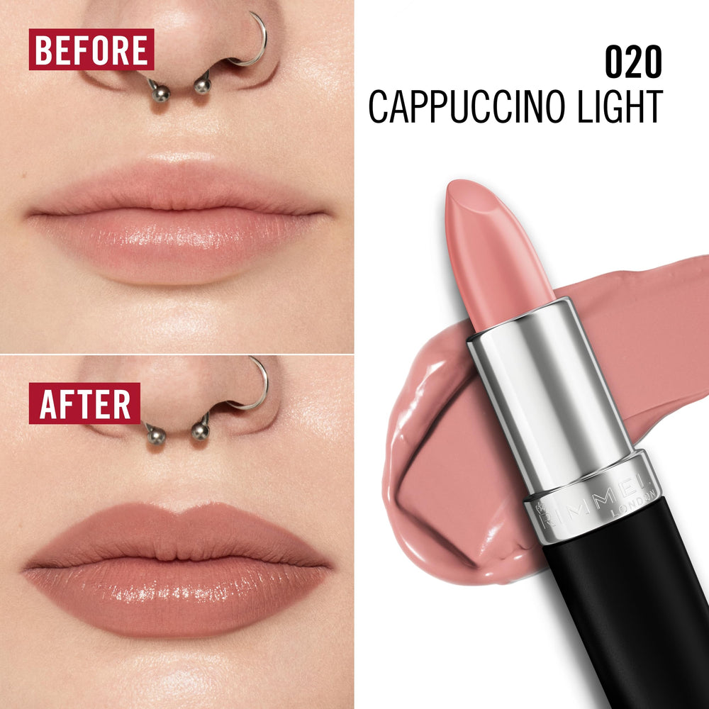 Rimmel Cappuccino Light on lips shows soft-glow satin finish