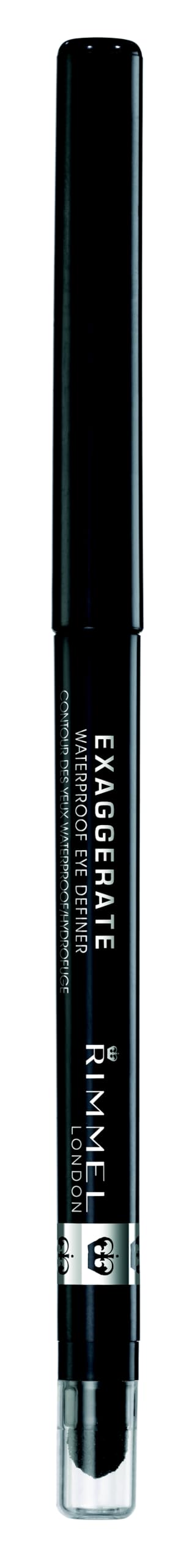Rimmel Exaggerate eyeliner built-in sharpener ensures precise edges on the go.