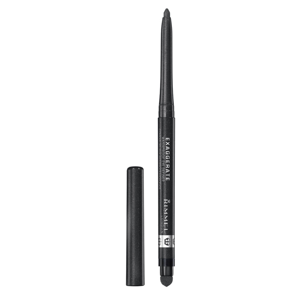 Rimmel Exaggerate eyeliner in Starlit Black, close-up showing rich pigment for bold definition.