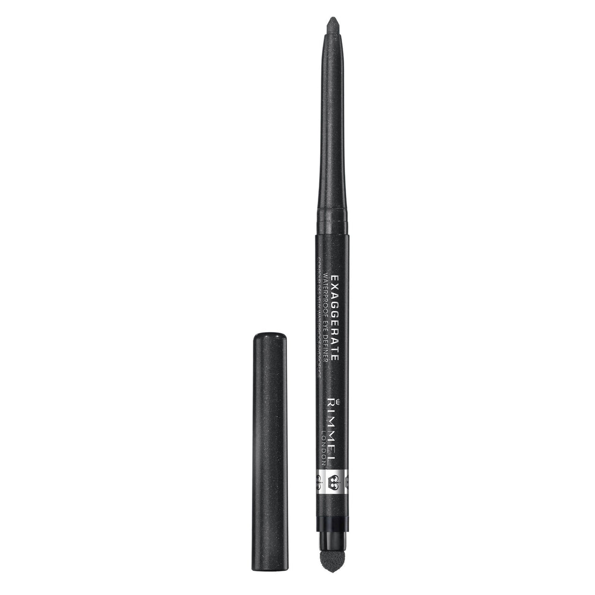 Rimmel Exaggerate eyeliner in Starlit Black, close-up showing rich pigment for bold definition.