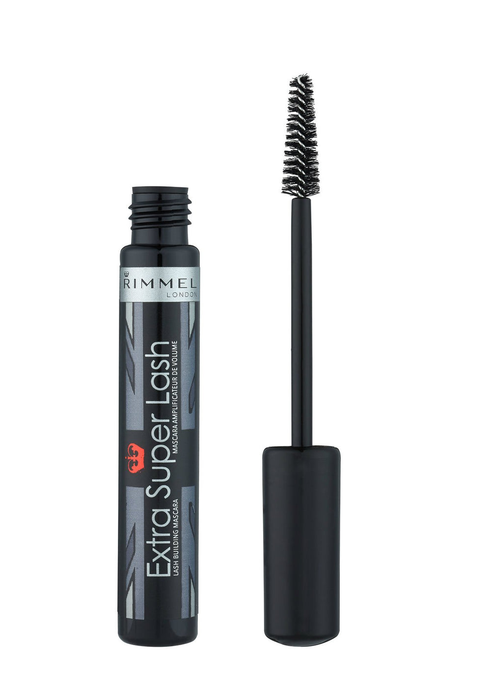 Rimmel Extra Super Lash Mascara Black brush, dense bristles coat each lash for defined length.
