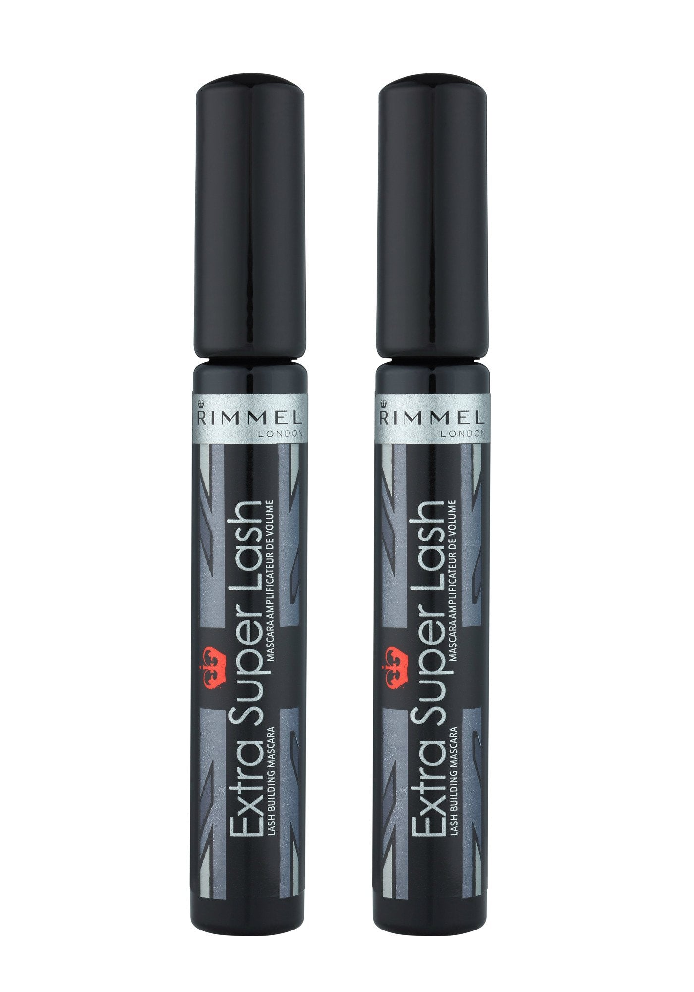 Rimmel Extra Super Lash Mascara Black tube, sleek packaging for easy daily use and lengthening.
