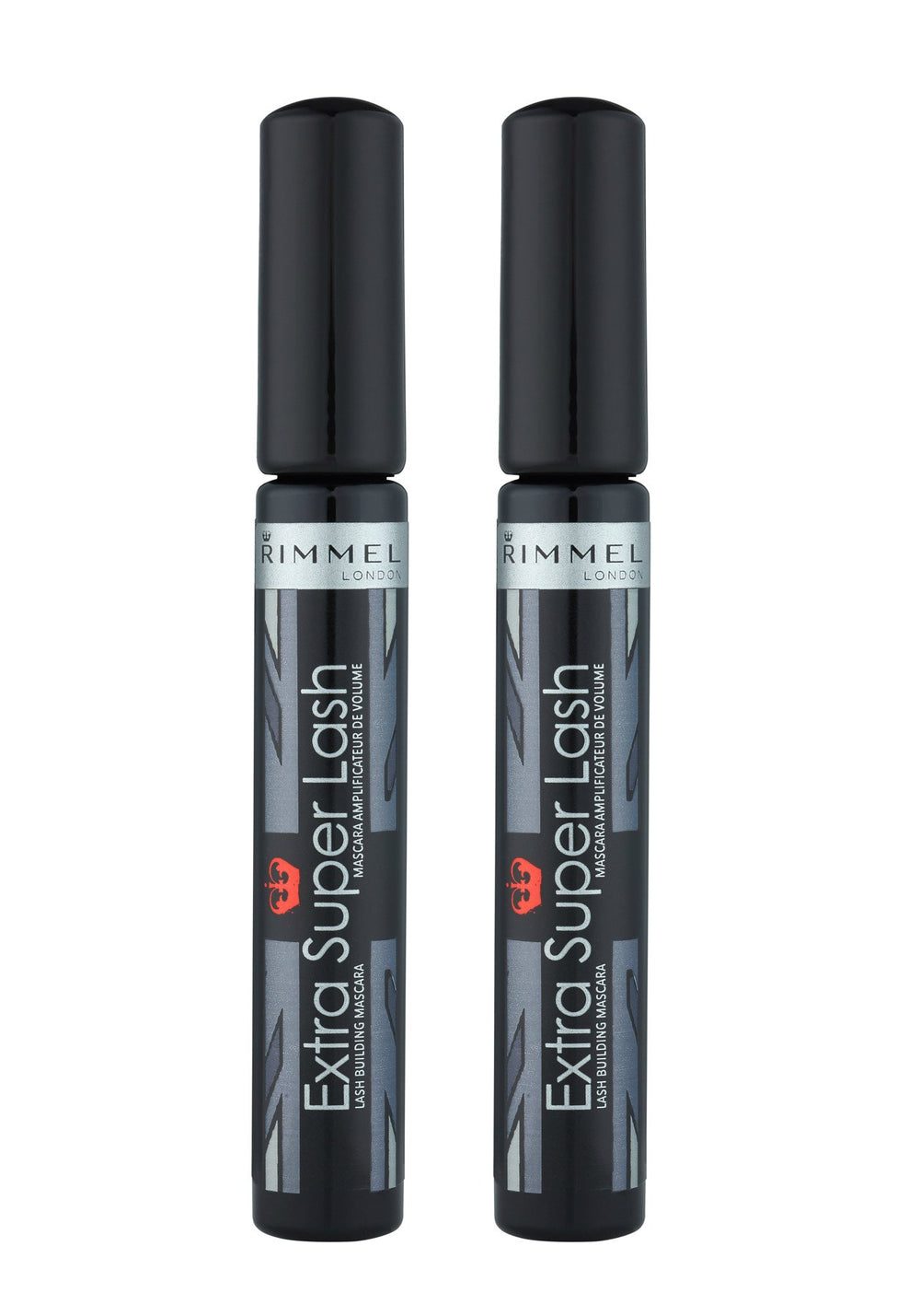 Rimmel Extra Super Lash Mascara Black tube, sleek packaging for easy daily use and lengthening.