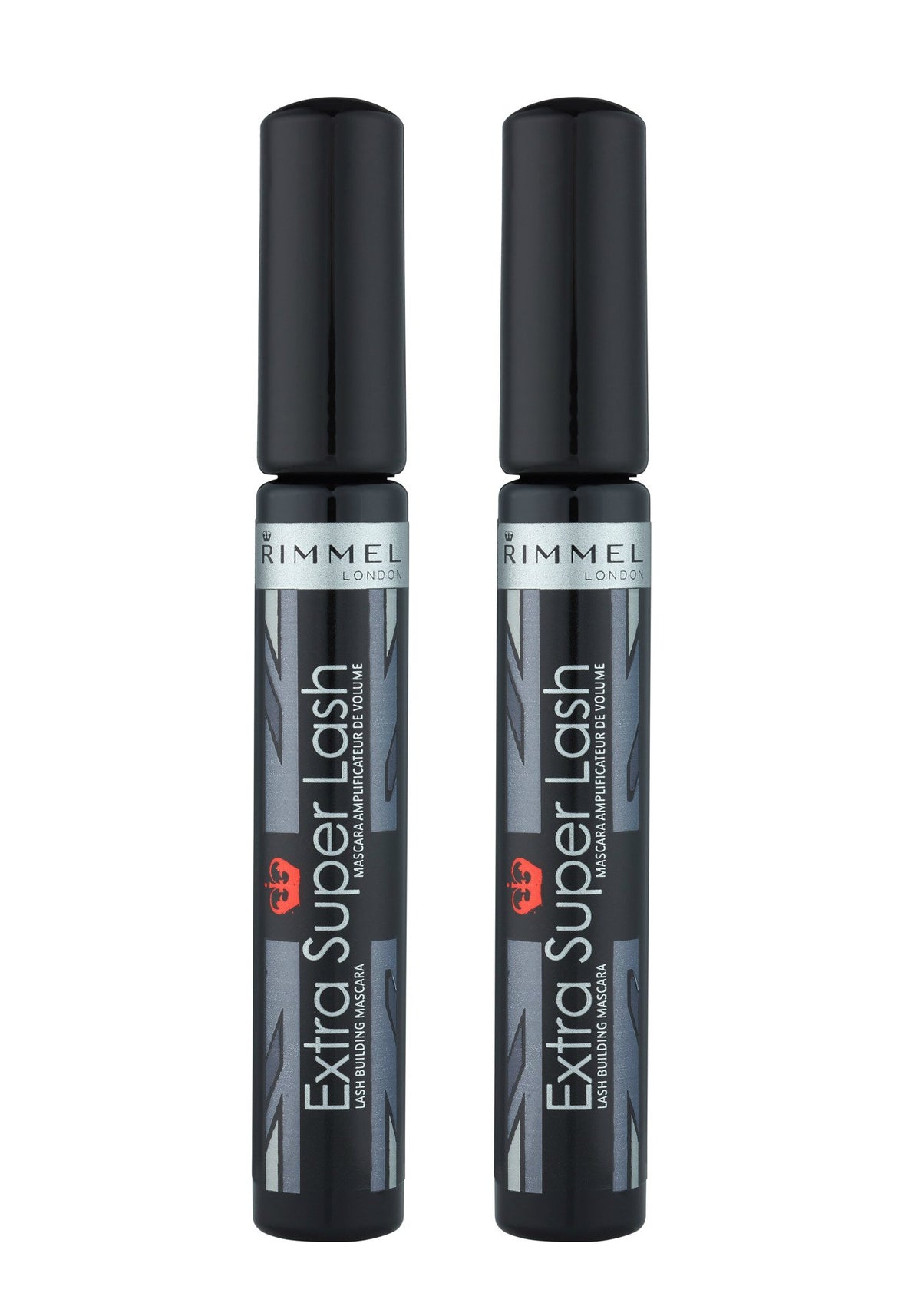 Rimmel Extra Super Lash Mascara Black tube, sleek packaging for easy daily use and lengthening.