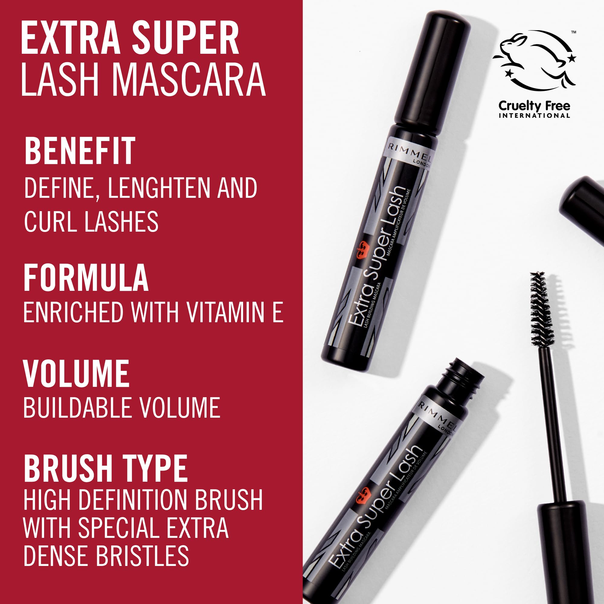 Rimmel Extra Super Lash wand close-up demonstrates smooth coating on lashes