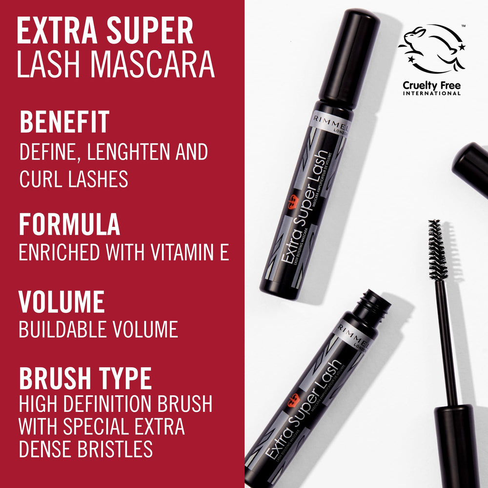 Rimmel Extra Super Lash wand close-up demonstrates smooth coating on lashes