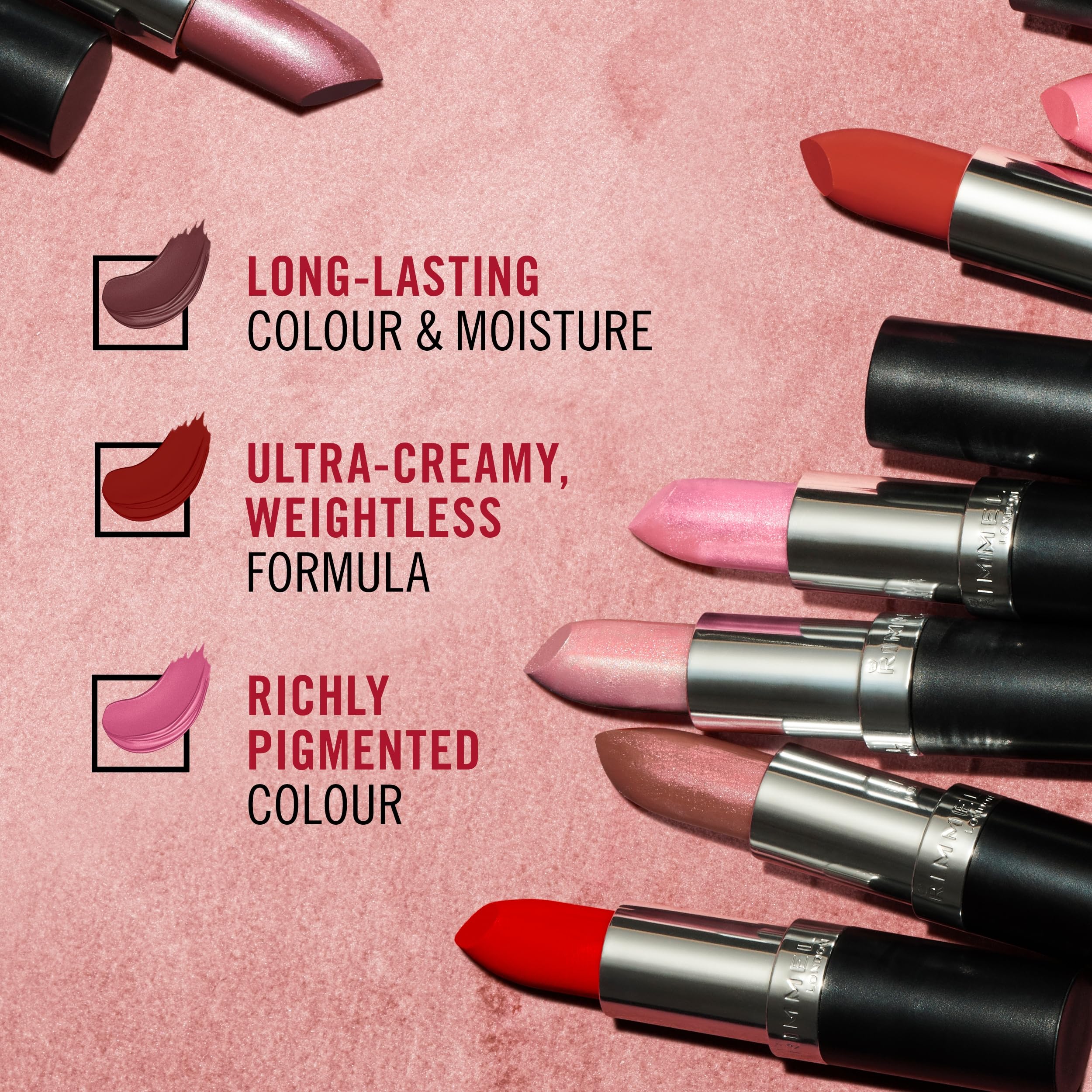 Rimmel Kate Lasting Finish Lipstick black diamond illumination shows lifted lip effect.