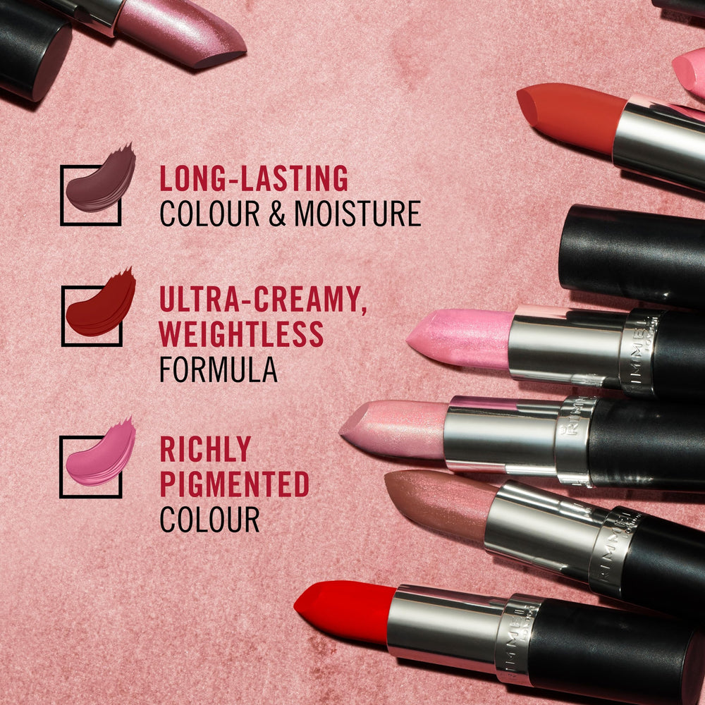 Rimmel Kate Lasting Finish Lipstick black diamond illumination shows lifted lip effect.