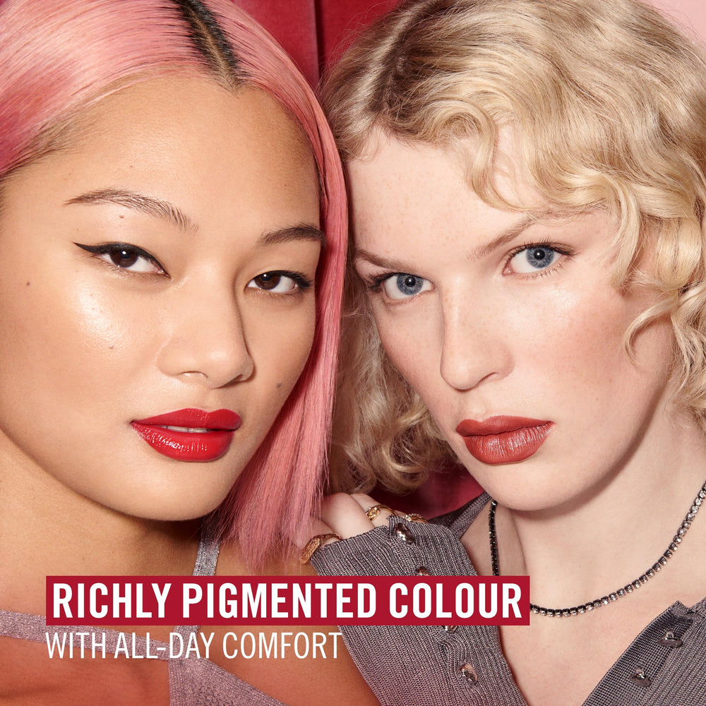 Rimmel Kate Lasting Finish Lipstick color-persistence image emphasizes long color retention.