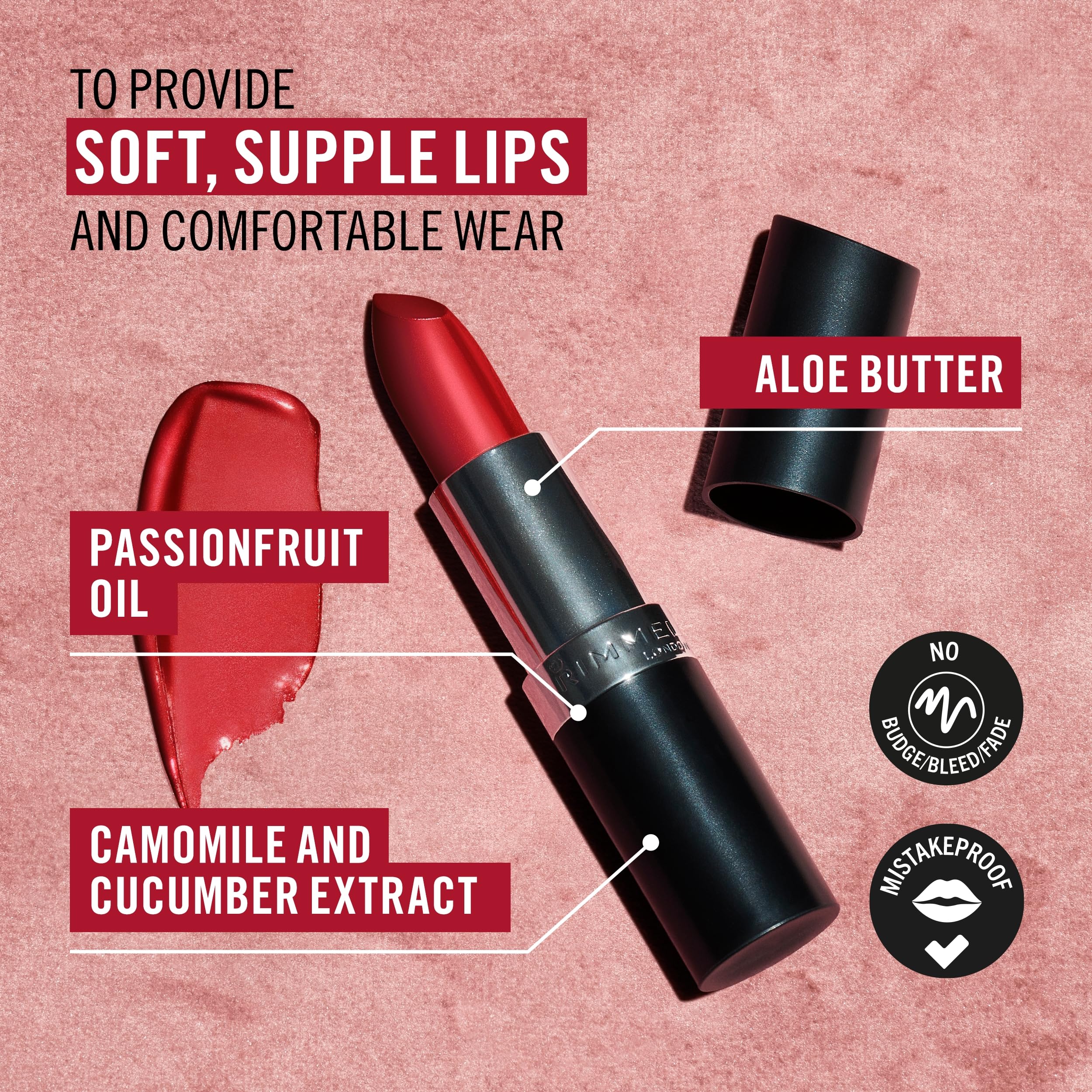 Rimmel Kate Lasting Finish Lipstick on lips demonstrates vibrant color with shine.