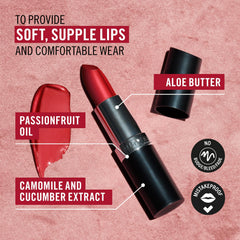Rimmel Kate Lasting Finish Lipstick on lips demonstrates vibrant color with shine.