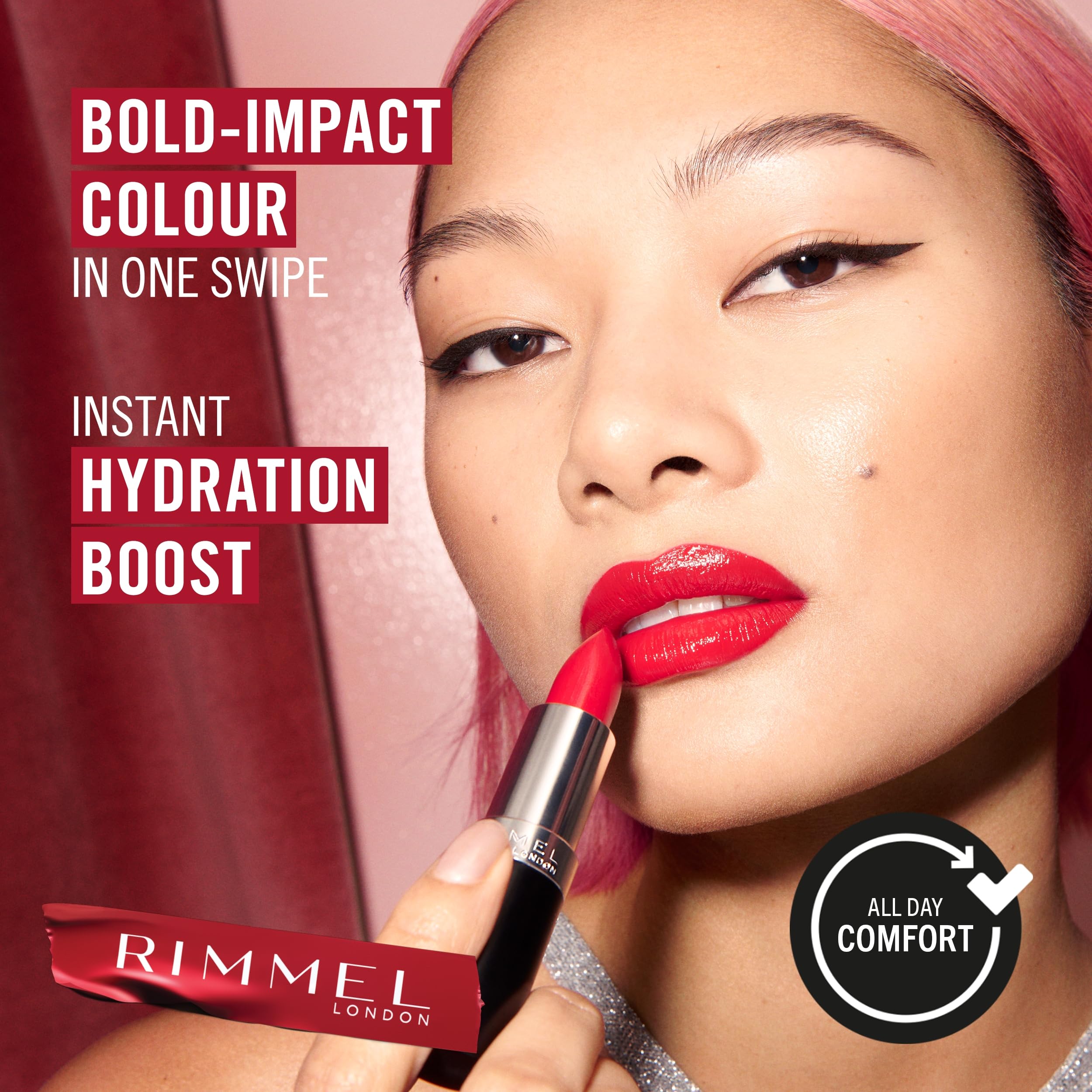 Rimmel Kate Lasting Finish Lipstick packaging shows premium vegan formula.