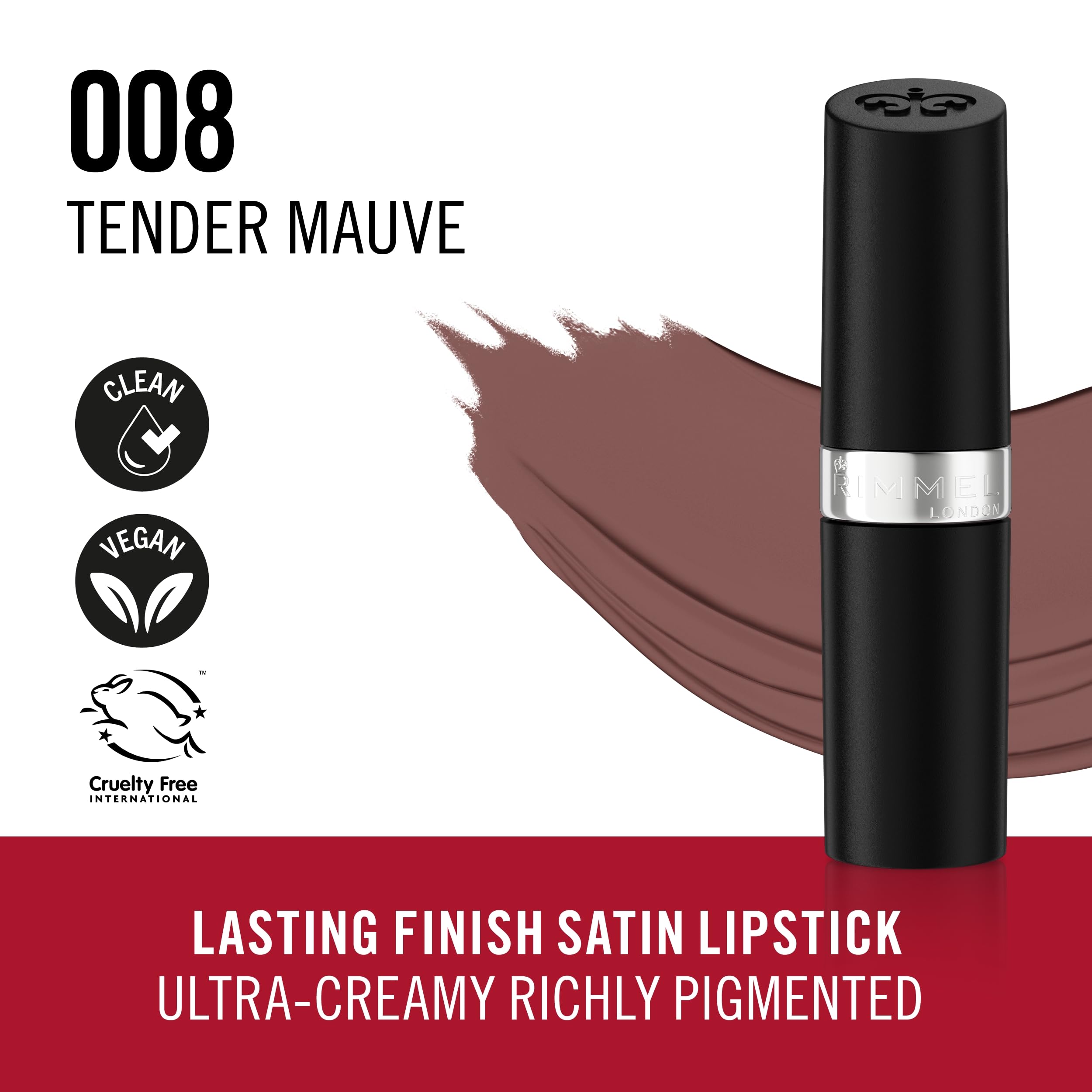 Rimmel Kate Lasting Finish Lipstick creamy texture conveys comfortable all-day wear.