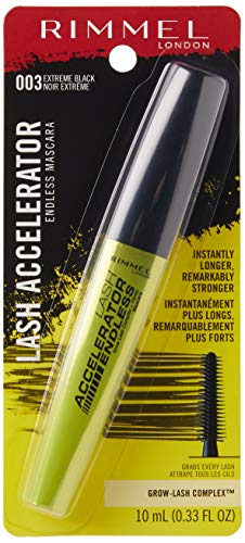 Rimmel Lash Accelerator Endless Volume Mascara closeup shows micro-fibers enhancing length.