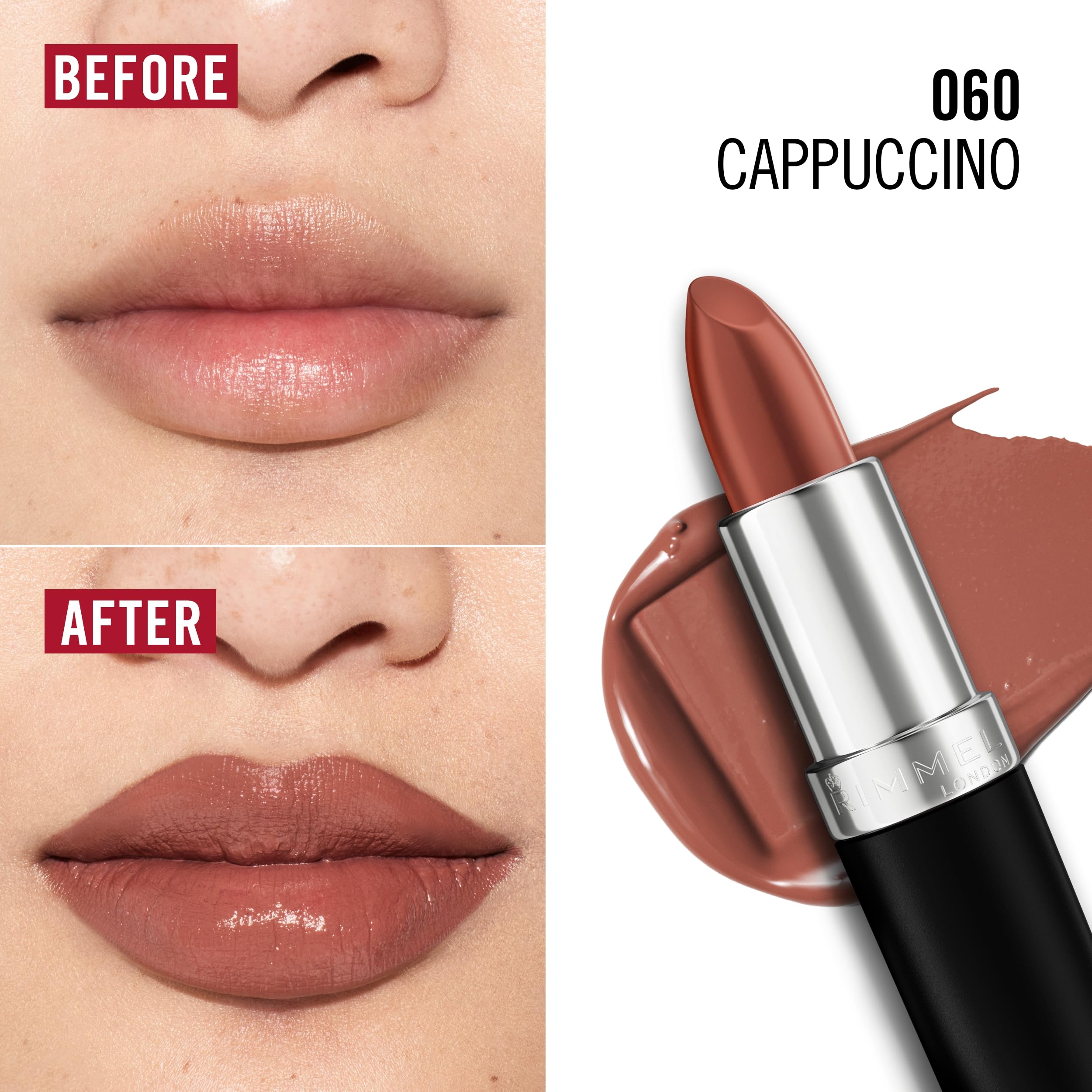Rimmel Lasting Finish Lipstick 60 Cappuccino application demo for a satin glow look.