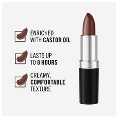 Rimmel Bordeaux lipstick on lips delivers smooth, even application