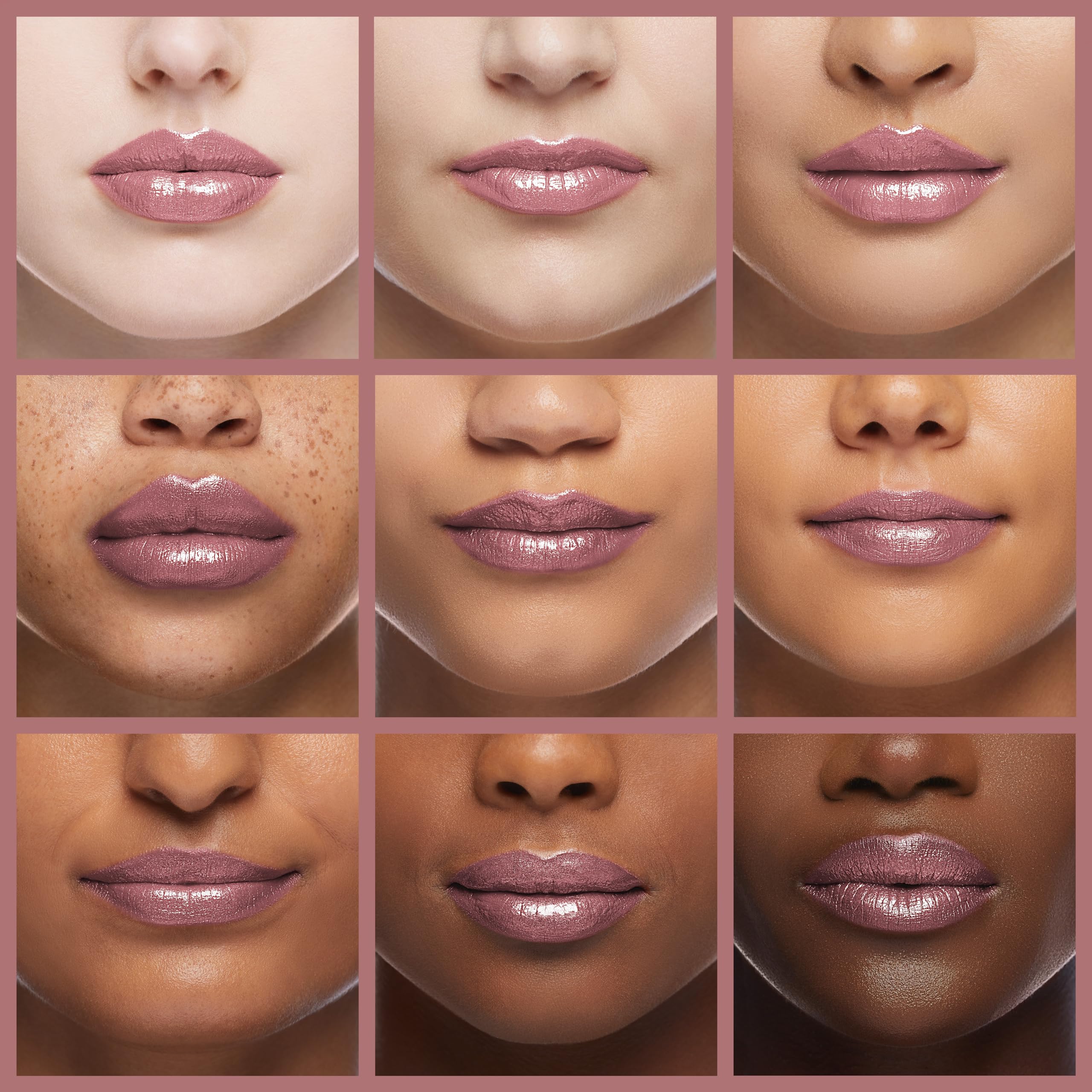 Rimmel lipstick close-up shows radiant glow and hydrated lips.
