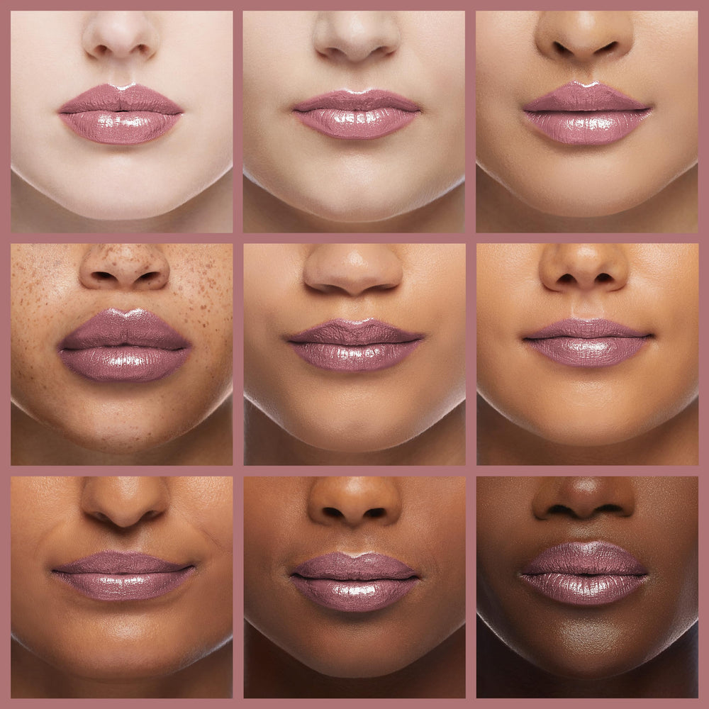 Rimmel lipstick close-up shows radiant glow and hydrated lips.
