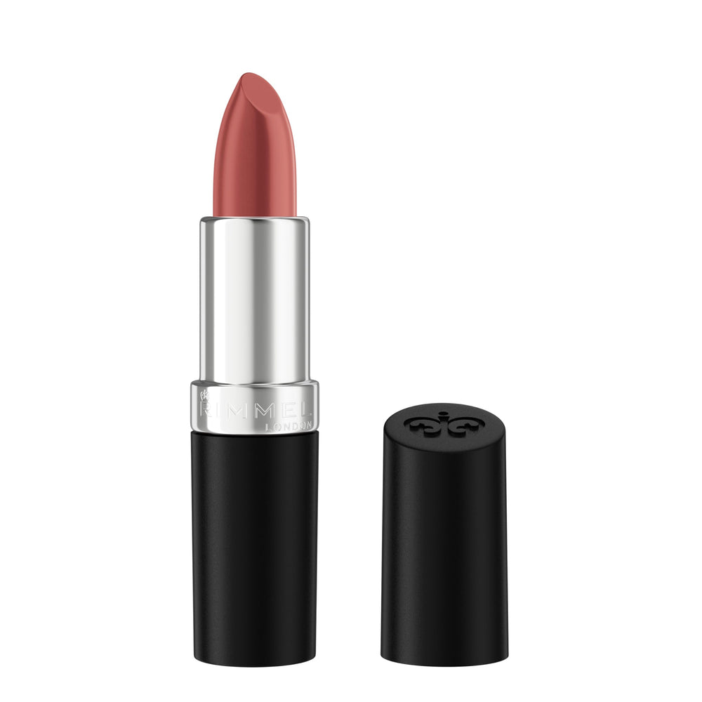 Rimmel Lasting Finish Lipstick satin texture swatch showing smooth glide and color longevity.