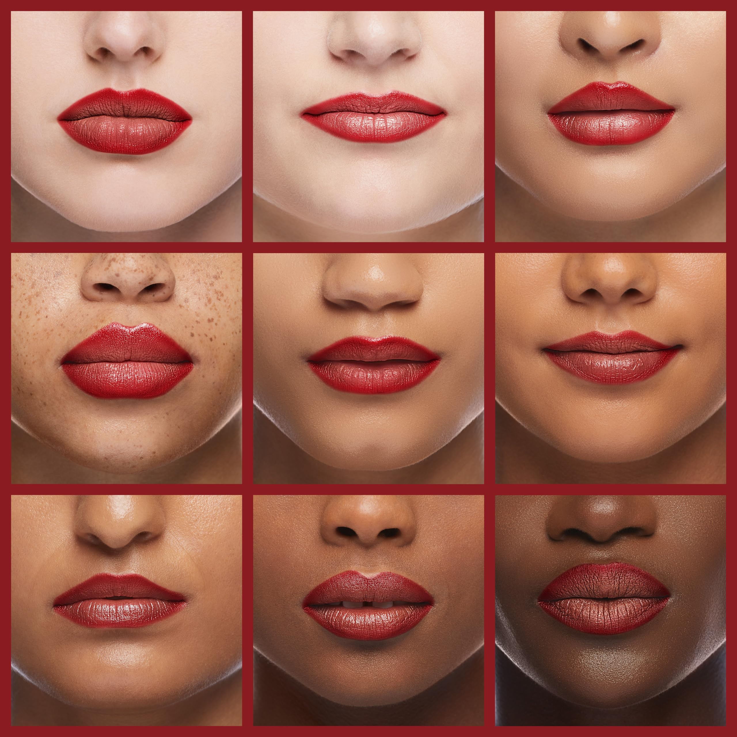 Vibrant Bitten Red blends with pink nude lipsticks