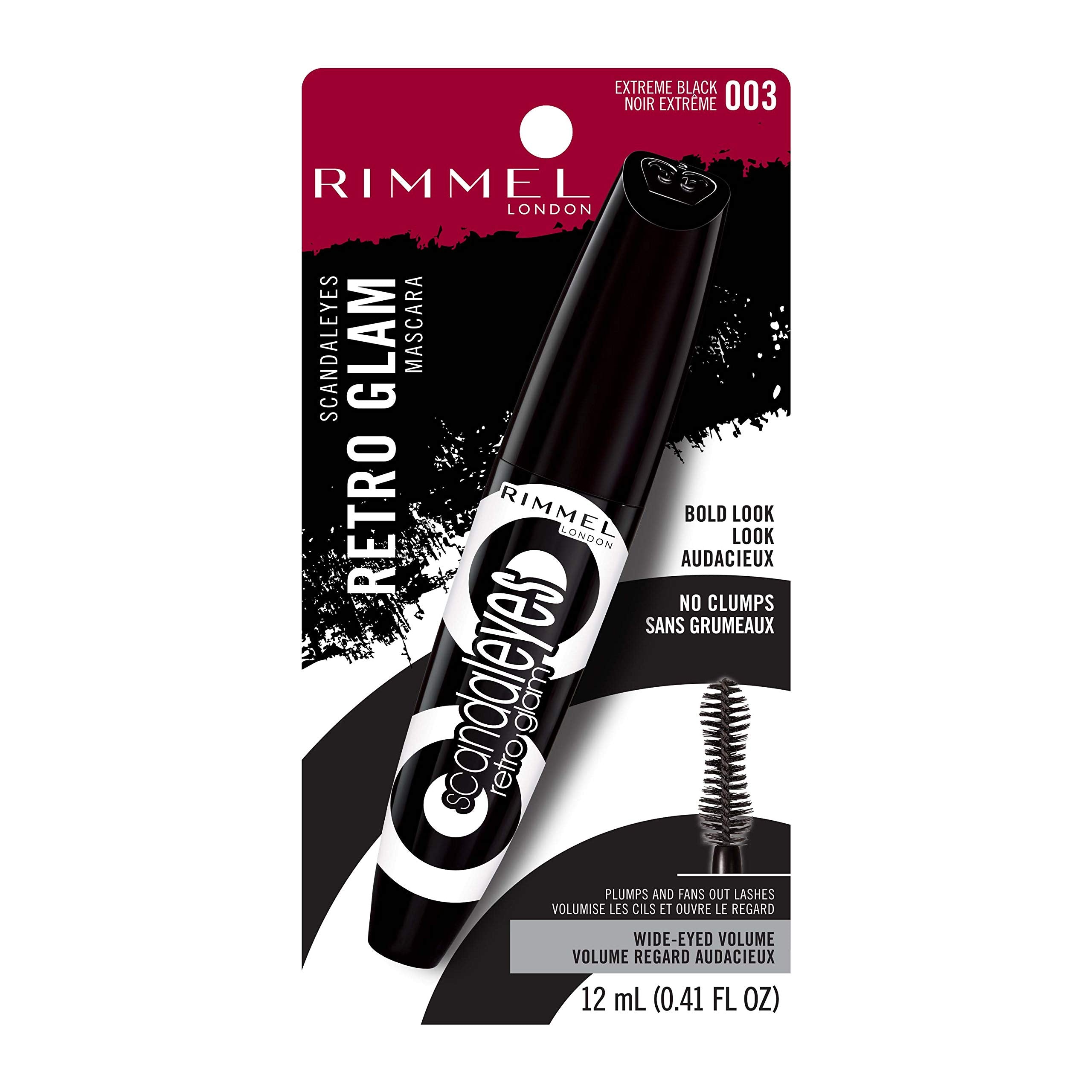 Rimmel Scandaleyes Retro Glam Mascara aporta volumen intenso con un solo trazo.