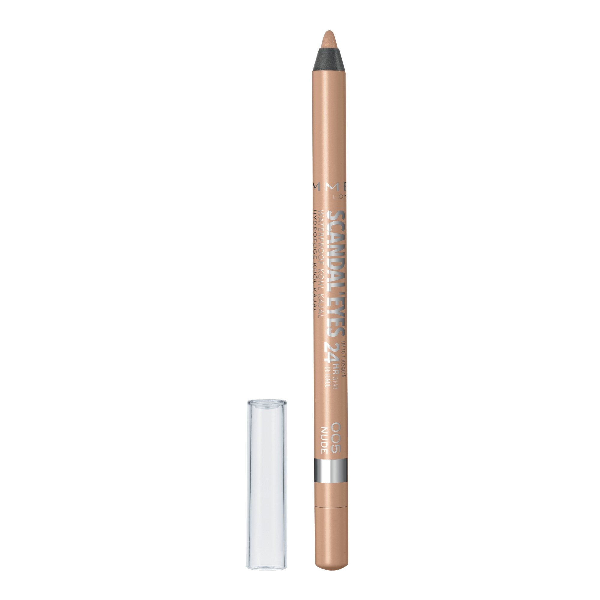 Rimmel Scandaleyes waterproof Kohl pencil swatch showing bold color and smudge resistance.