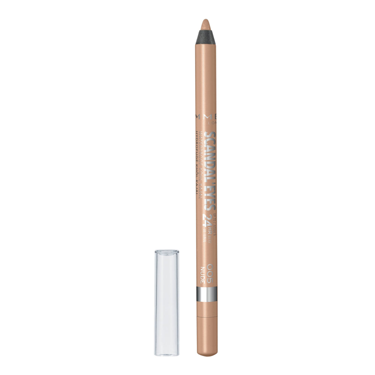 Rimmel Scandaleyes waterproof Kohl pencil swatch showing bold color and smudge resistance.