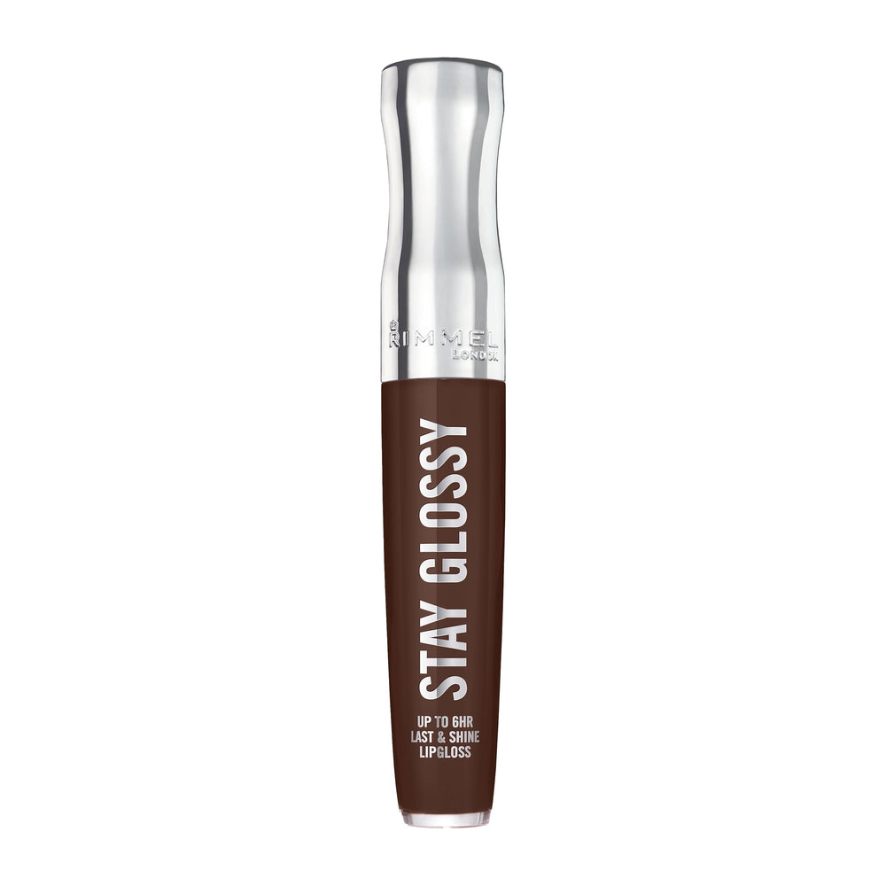 Rimmel Stay Glossy Cocoa Kiss bottle shows rich color and shine