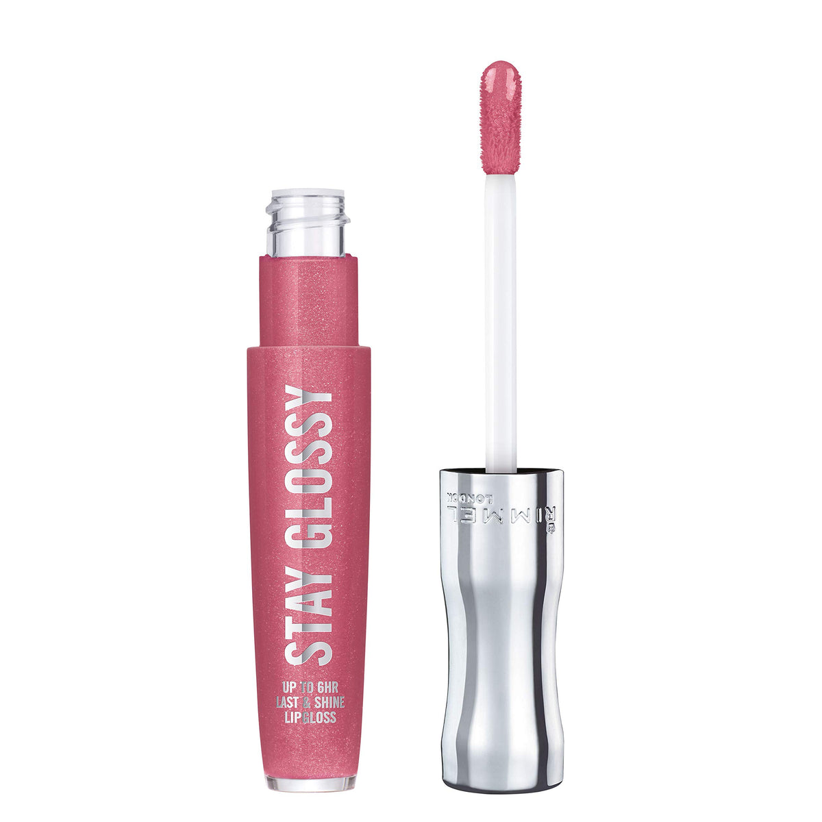 Rimmel Stay Glossy gloss-color-shine on lips showing vibrant color and shine.