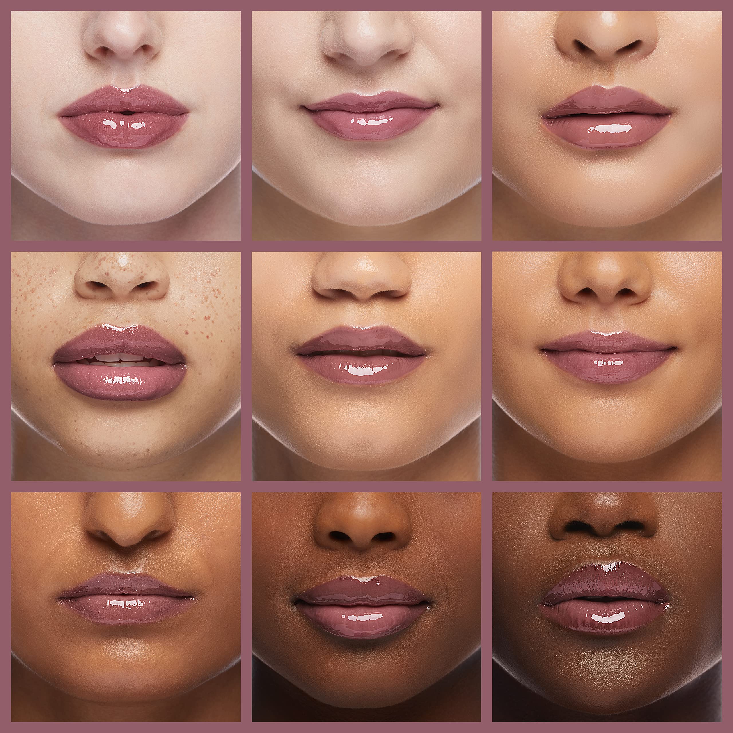 Rimmel Stay Glossy lip close-up highlights shiny, non-sticky finish.