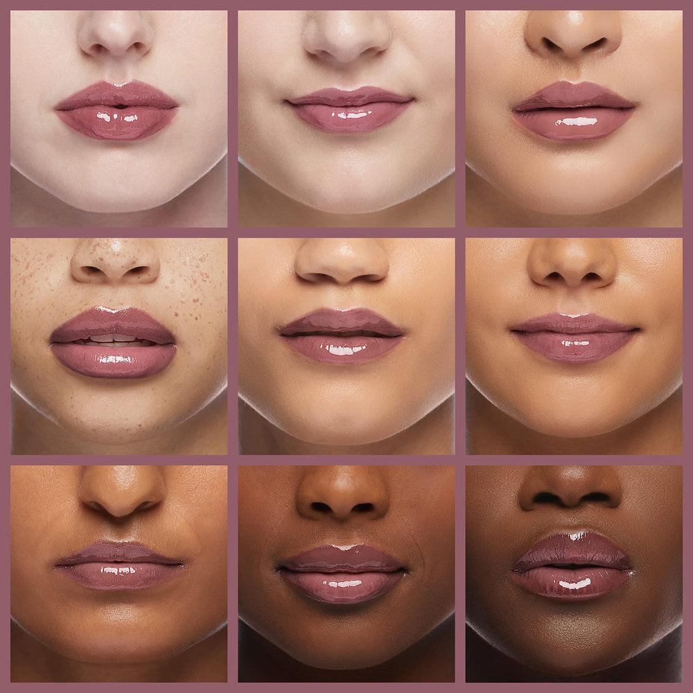 Rimmel Stay Glossy lip close-up highlights shiny, non-sticky finish.