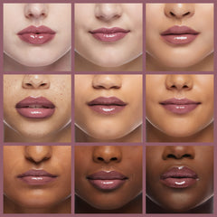 Rimmel Stay Glossy lip close-up highlights shiny, non-sticky finish.