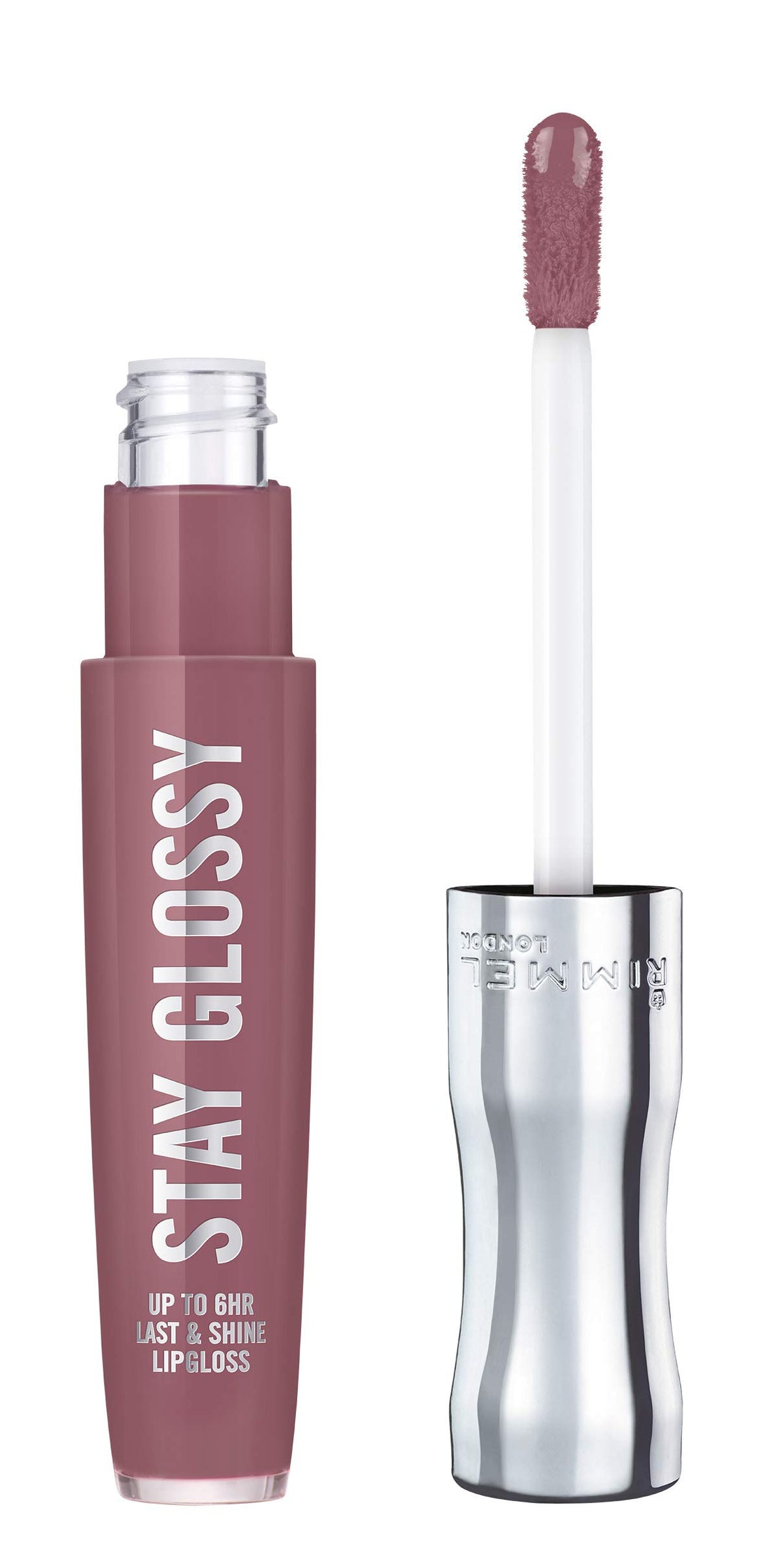 Rimmel Stay Glossy lip gloss packaging with sleek shine and easy access wand.