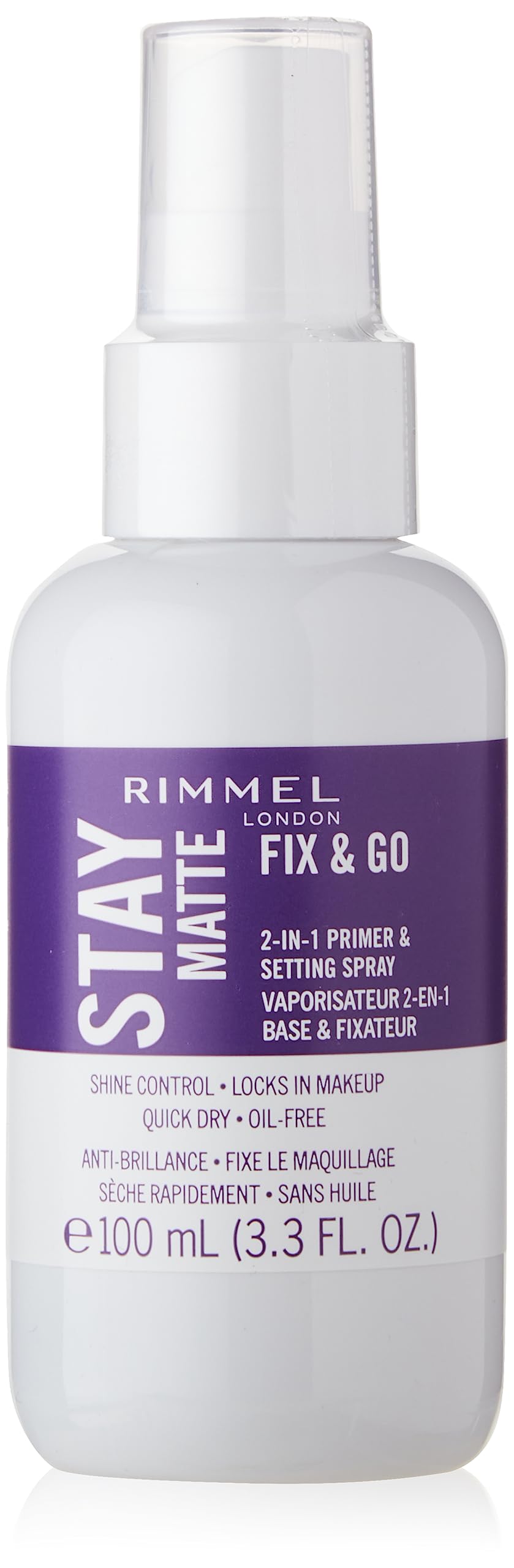 Rimmel Stay Matte Fix and Go bottle demonstrates oil-free formula for shine control.