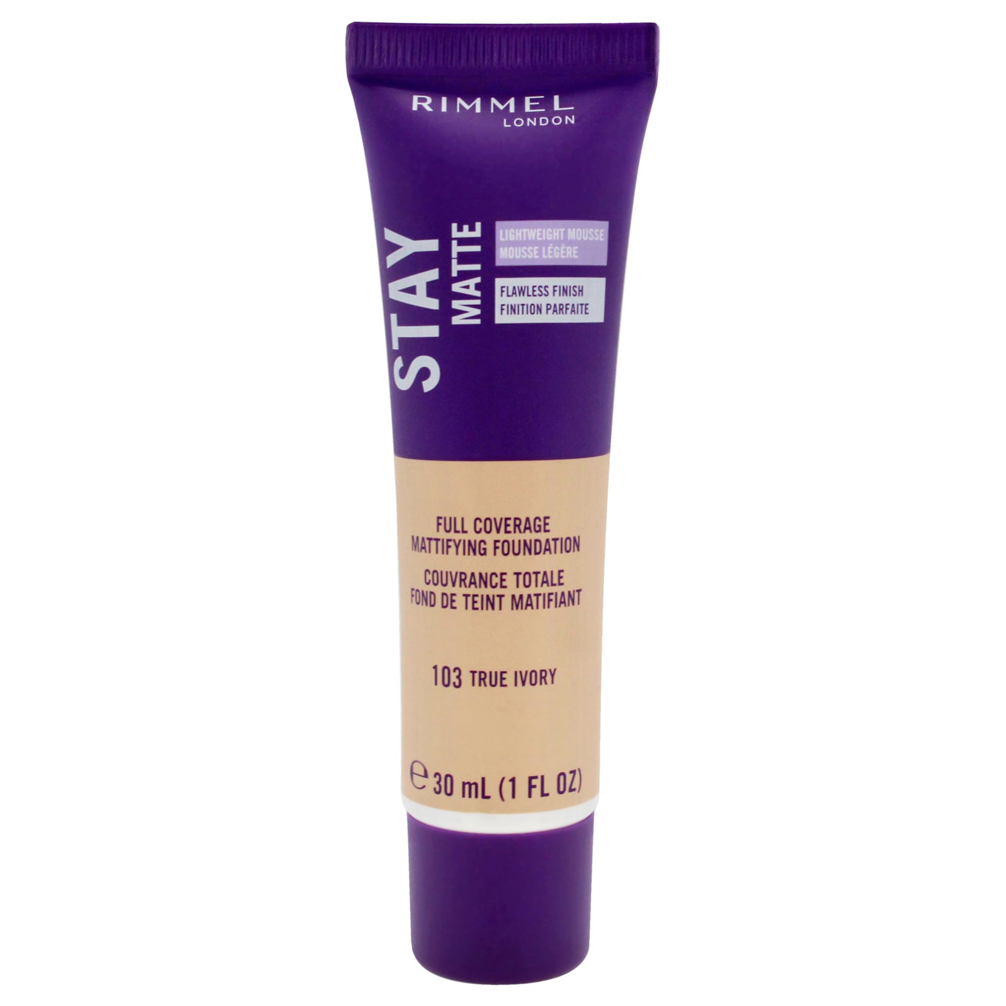 Rimmel Stay Matte Foundation bottle close-up for all-day shine control.