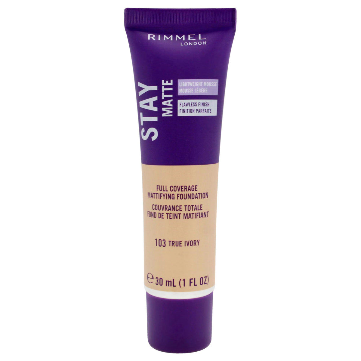 Rimmel Stay Matte Foundation bottle close-up for all-day shine control.