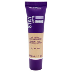 Rimmel Stay Matte Foundation bottle close-up for all-day shine control.